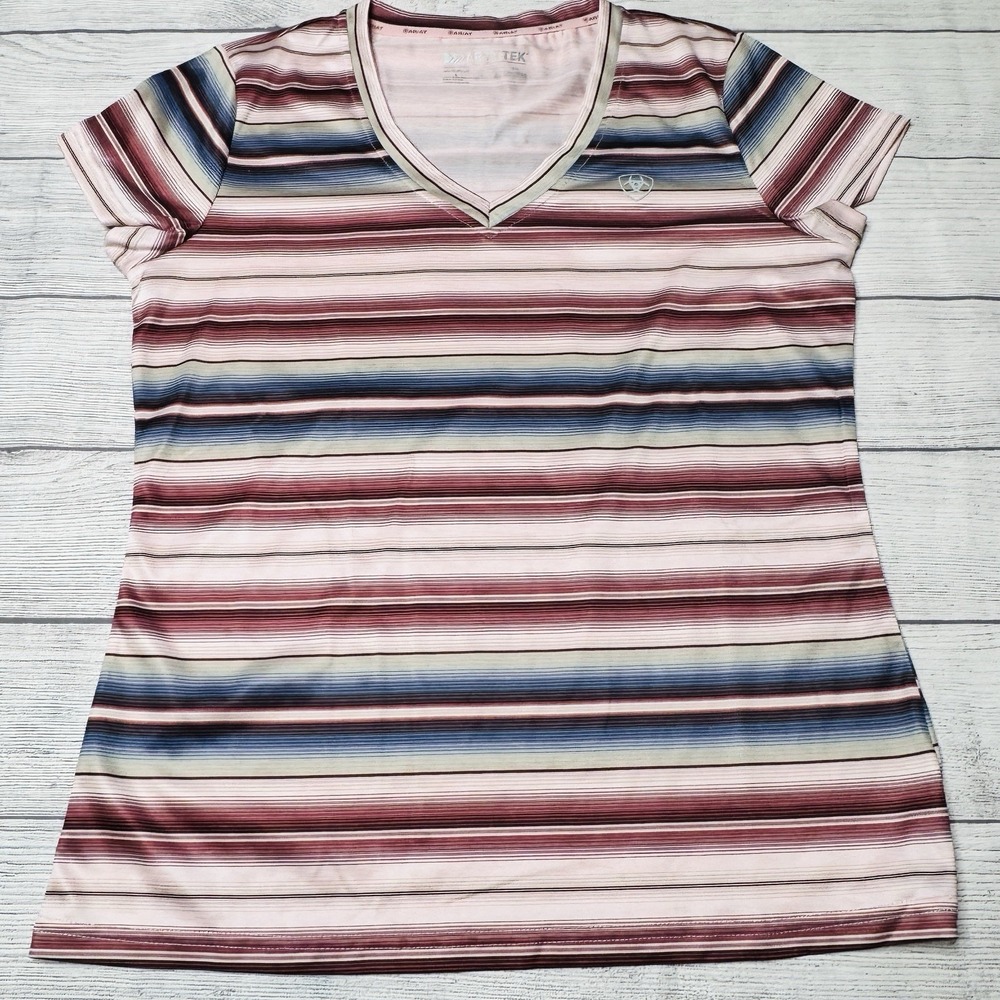 Ariat Tek Laguna Short Sleeve Casual Shirt Pink Blue Stripe Reata Serape Large